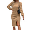 Elegante Geribde Gebreide Bodycon Lange Mouwen Jurk | Herfst-Winter Sexy Split