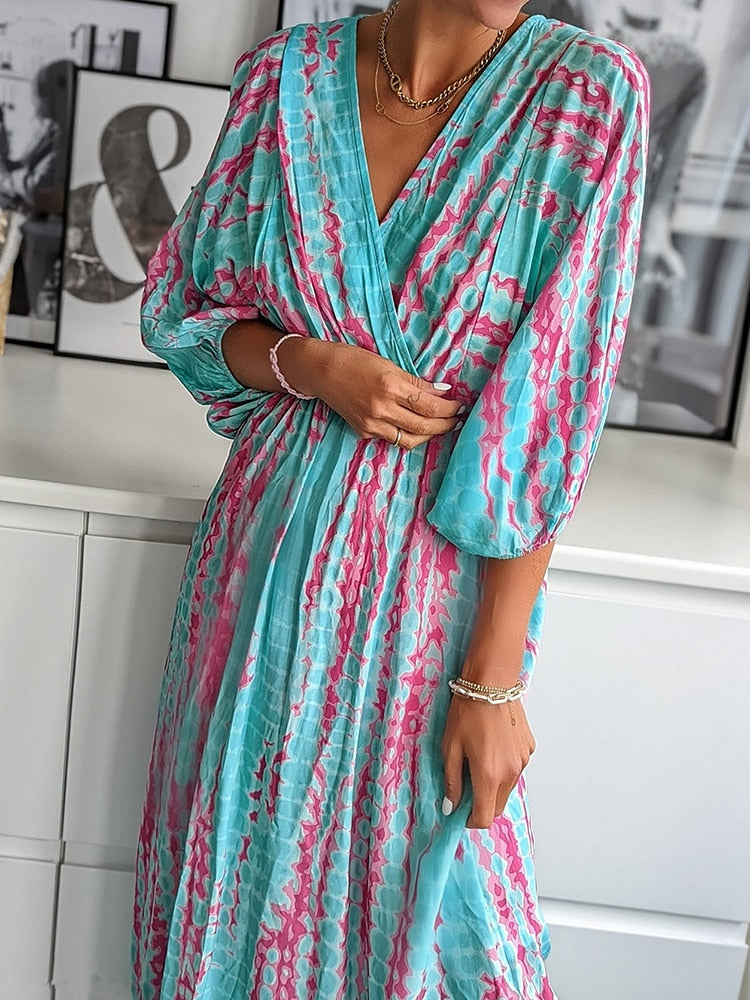 Geometrische Print Boho Puff Mouw V-Hals Jurk | Strandvakantie Kleding