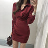 Chique Turn Down Kraag Enkele Borst Bandjurk | Hoge Taille Plooi Bodycon