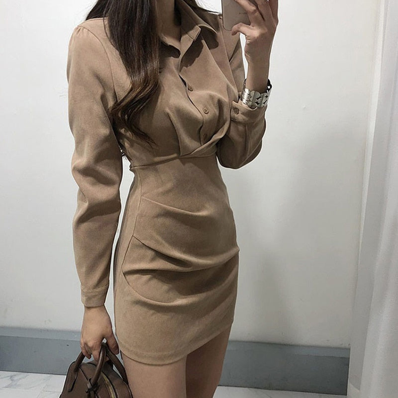 Chique Turn Down Kraag Enkele Borst Bandjurk | Hoge Taille Plooi Bodycon