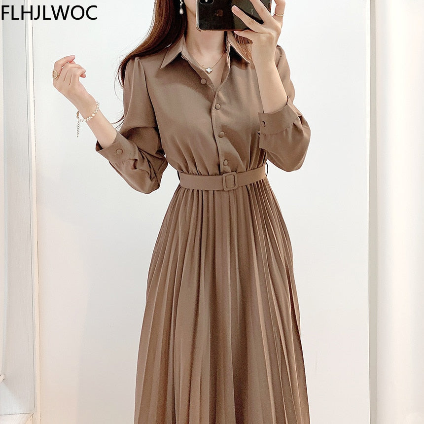 Elegante Hoge Taille Geplooide Maxi Jurk | Lange Mouwen Met Riem