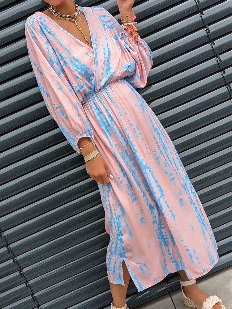 Geometrische Print Boho Puff Mouw V-Hals Jurk | Strandvakantie Kleding