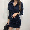 Chique Turn Down Kraag Enkele Borst Bandjurk | Hoge Taille Plooi Bodycon