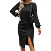 Elegante Geribde Gebreide Bodycon Lange Mouwen Jurk | Herfst-Winter Sexy Split
