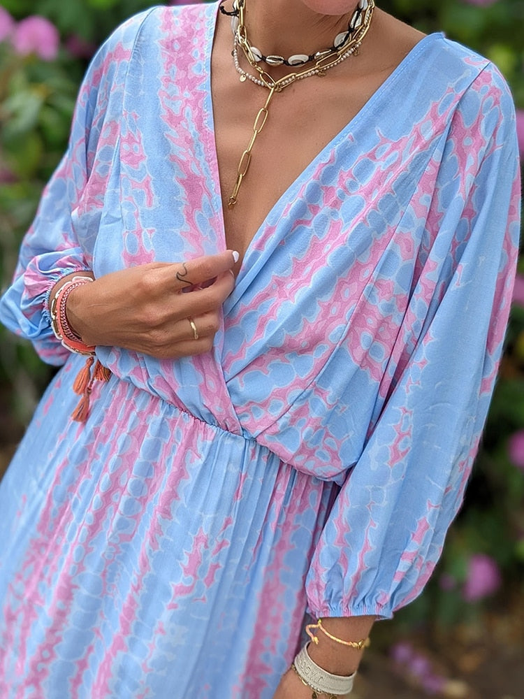 Geometrische Print Boho Puff Mouw V-Hals Jurk | Strandvakantie Kleding