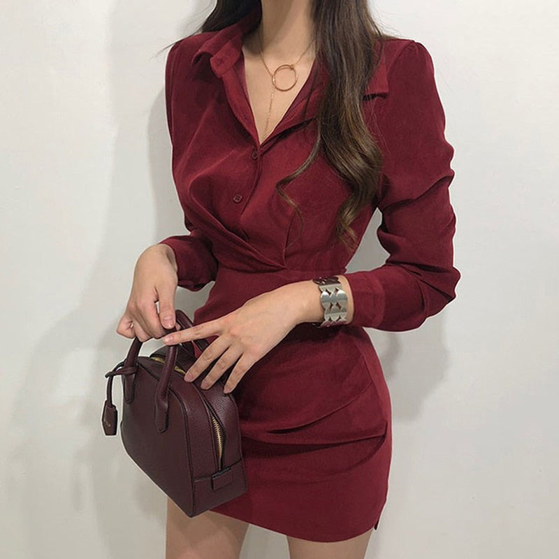 Chique Turn Down Kraag Enkele Borst Bandjurk | Hoge Taille Plooi Bodycon