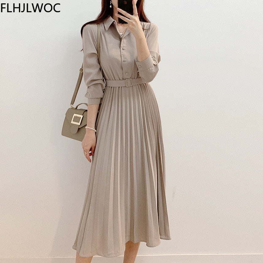 Elegante Hoge Taille Geplooide Maxi Jurk | Lange Mouwen Met Riem