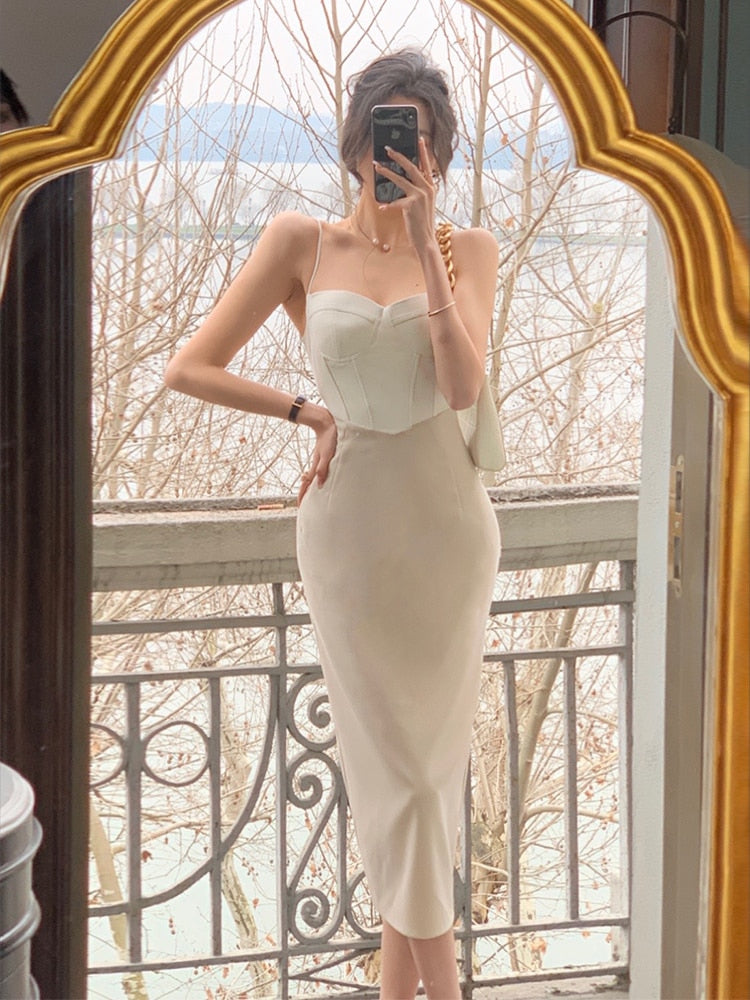 Luxe Corset Gerimpelde Spaghettiband Bodycon Midi Jurk | Elegante Strakke Avondjurk voor Feestjes