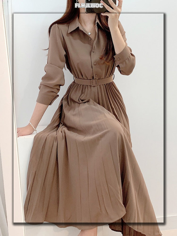 Elegante Hoge Taille Geplooide Maxi Jurk | Lange Mouwen Met Riem