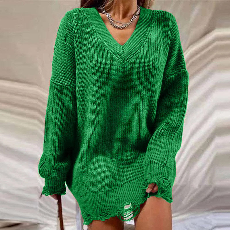 Casual Loszittende Gebreide Trui | Gescheurde Lange Mouw Pullover
