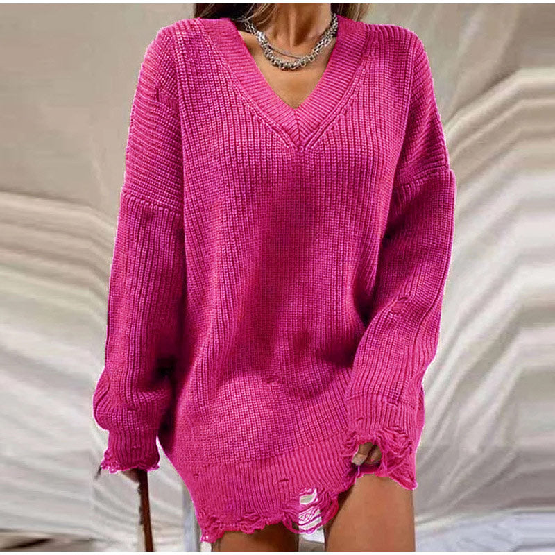 Casual Loszittende Gebreide Trui | Gescheurde Lange Mouw Pullover