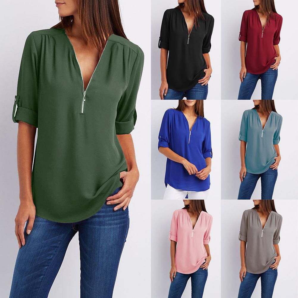 Plus size V-hals Rits Lange Mouw Shirt | Sexy Casual Blouse voor Vrouwen