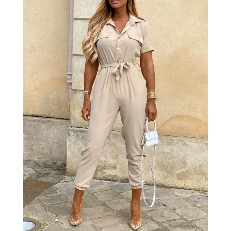 Elegante Zomer Jumpsuit | Reverskraag, Knopen, Met Riem